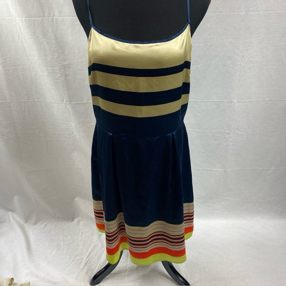 Cremieux Dress Size 10 Navy Blue Tan Multicolor Striped Silky Spaghetti Strap - Picture 1 of 7